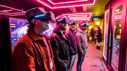 Obraz premium Group of people experiencing virtual reality with headsets in a neon-lit gaming arcade, enjoying innovative technology together.