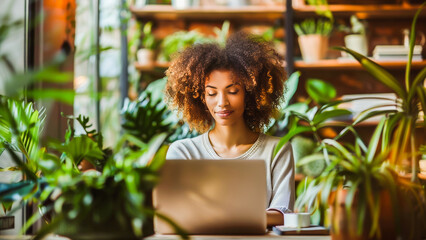 A young woman with curly hair works thoughtfully on her laptop surrounded by lush indoor plants in a cozy home office.