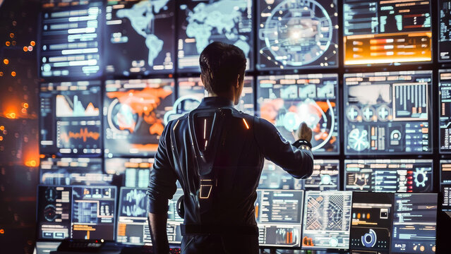 A man interacts with futuristic holographic displays in a high-tech control room filled with digital screens and data.