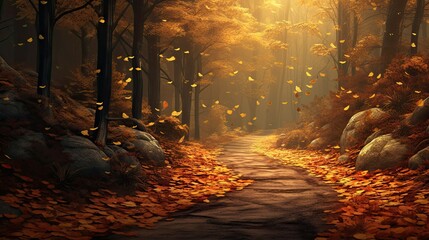  Vibrant autumn forest path, fallen leaves, soft sunlight, realistic textures for stunning landscape. Generative AI