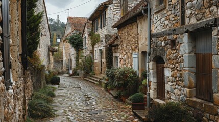 Fototapeta premium Medieval village with cobblestone streets AI generated illustration