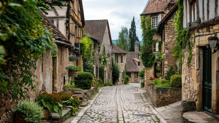 Medieval village with cobblestone streets  AI generated illustration