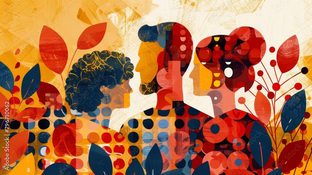 Poster mix of patterns and shapes forming an abstract family unit ai generated illustration