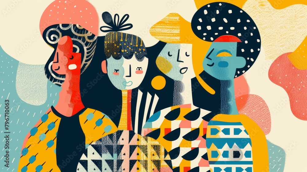 Poster mix of patterns and shapes forming an abstract family unit ai generated illustration