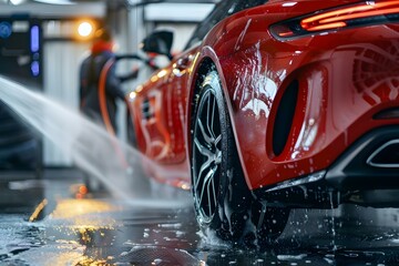 High-pressure washer used by auto detailer to rinse red performance car at shop. Concept Car Detailing, High-Pressure Washer, Red Supercar, Auto Shop, Rinse
