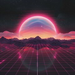 Vector art of a pink sun and mountains in an 80s retro style