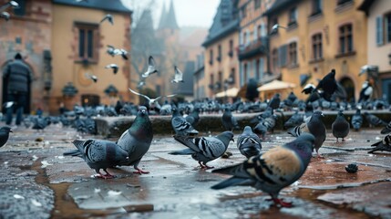 Pigeons flocking in the town square  AI generated illustration