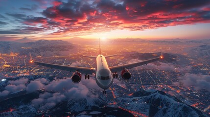 Airplane Flying Over City at Sunset - obrazy, fototapety, plakaty