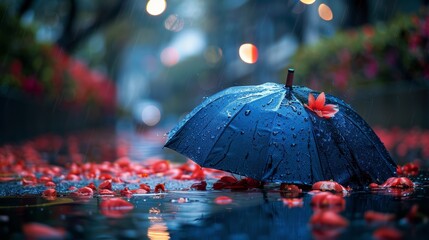 Blue Umbrella on Water Puddle