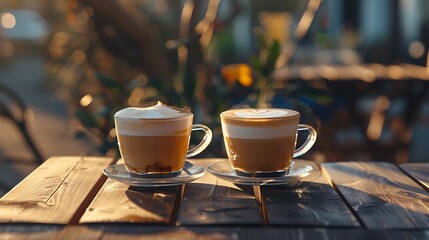Two cups of fresh hot cappuccino on a wooden table outdoors - obrazy, fototapety, plakaty