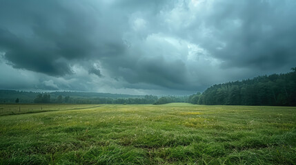 cloudy sky with thunderclouds over a green field and forest, rain, landscape, nature, weather, emerald green, meteorology, atmospheric valley view, trees, harvest - obrazy, fototapety, plakaty