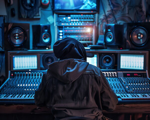 A young man in a black hoodie and jacket sits at a mixing console in a recording studio. He is surrounded by speakers and other equipment. He is working on a new track.