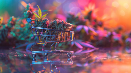 Shopping cart with marijuana flowers on abstract colorful background