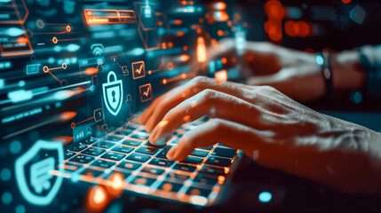 person typing on a keyboard with overlay graphics that include a password field with concealed characters for privacy, security shield with a lock, symbolizing online protection, icons representing c