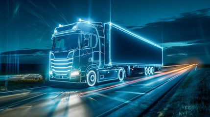 truck at night outlined with bright blue neon lights
