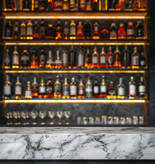 Marble bar counter with copper utensils and shelves with numerous bottles