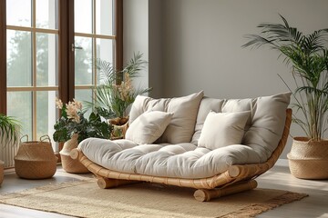 Bohemian bamboo sofa with plush cushions, surrounded by greenery and natural light