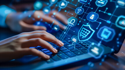 two hands are showing typing on a laptop keyboard which shows modern technology and cybersecurity theme