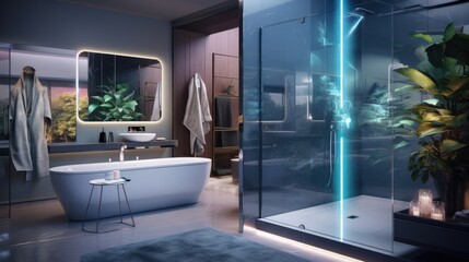 A image cutting-edge bathroom with smart mirrors and programmable water temperature, AI Generative