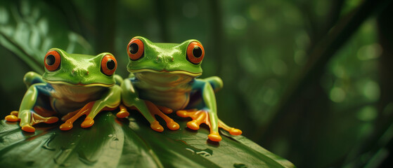 Pair of red-eyed tree frogs sitting face-to-face on a green leaf in a lush jungle environment.