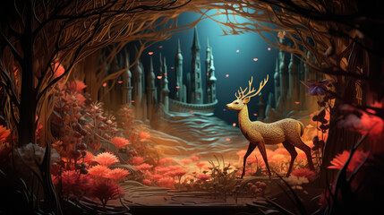 fairy-tale deer with antlers against the background of a forest and a magical house, illustration cut out of paper, wallpaper, nature, animals, fawn, dream, fantasy - obrazy, fototapety, plakaty