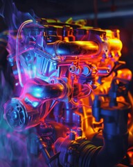An engine block of a car with a blue and orange heat map