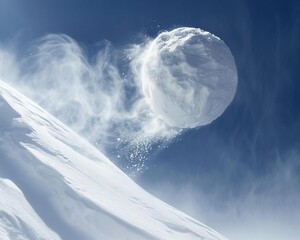 A large snowball rolling down a snowy mountainside showing a snowball effect