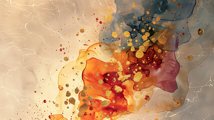 abstract painting fluid splash technique beige and soft orange tone with gold accent dark blues tones, copy space for text, grunge and luxury style.