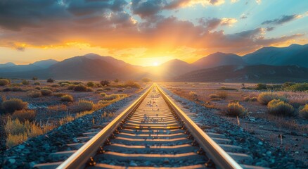 Train Track With Sun Setting - Powered by Adobe