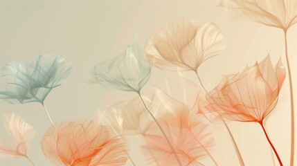 A set of minimalist design elements with muted dandelion seed shapes floating on a background of gentle pastel colors..
