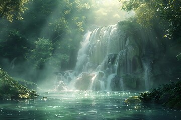 Amidst a dense, emerald forest, a secluded waterfall cascades gracefully into a crystalline pool below. Sunlight filters through the verdant canopy,.