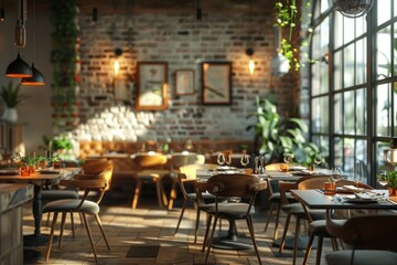 Fototapeta na wymiar Cozy Restaurant With Brick Wall and Abundant Plants
