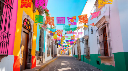 Colorful Mexican Paper pennants Bunting in the streets, colorful paper cutouts hanging on buildings in the style of Mexico