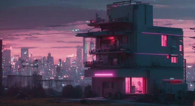 3d view of Small cyberpunk house in cyberpunk suburb at dusk