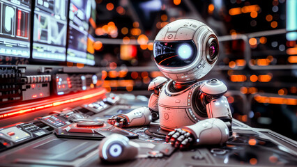 A cheerful robot surrounded by advanced technology and control panels, embodying futuristic artificial intelligence and automation.