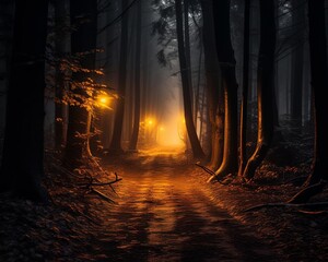 pathway through a dark forest at night illuminated by a few lanterns