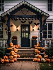 Obraz premium Front porch decorated for Halloween featuring carved pumpkins, hay bales, and spooky cobwebs, welcoming trickortreaters