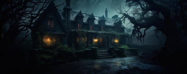 Obraz premium A dark and gloomy haunted house with a full moon in the background. The house is surrounded by dead trees and a creepy forest.