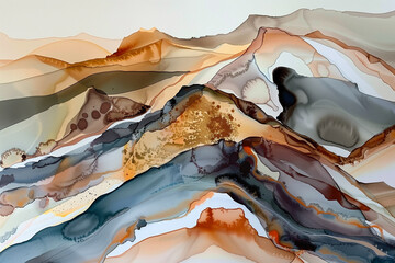 Abstract fluid paint of mountain landscape earth tones white, blue, brown with gold accent grunge texture.