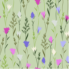 Variety of plants and blooming garden flowers. Seamless pattern. Vector illustration