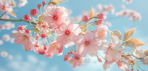 Fototapeta na wymiar A breathtaking photograph featuring pink cherry blossoms set against a backdrop of pristine blue skies, the delicate flowers and clear atmosphere creating a scene of pure, unadulterated beauty.