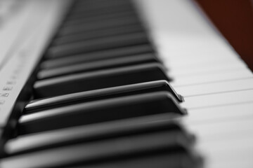 piano keys, blurred background in the distance
