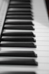 piano keys, blurred background in the distance