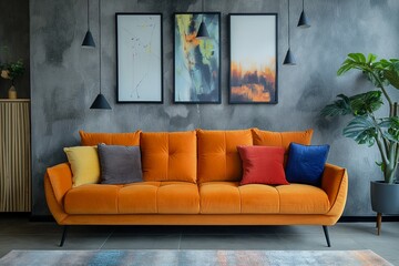Striking orange sofa pops against a textured grey wall, framed by eclectic art