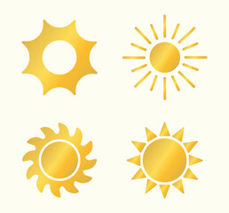 Set of images of sun, golden, gold. Astro, sky, nature. Joy, yellow, summer, heat, life. Light, radiation, vibration, illumination. Vector, icon, symbol