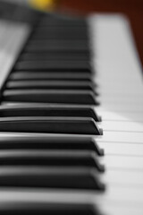 piano keys, blurred background in the distance