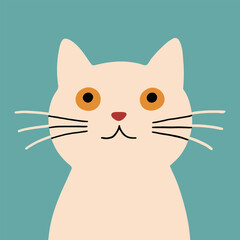 Freaky comic white cat on turquoise background. Hand drawn naive kitten