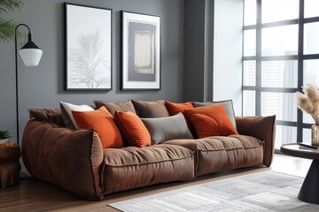 Plush brown sofa adorned with orange pillows, complemented by elegant monochrome art