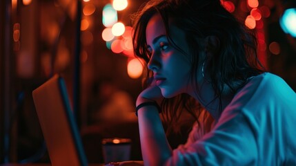 Beautiful lonely young woman participating in a virtual party. Copy Space