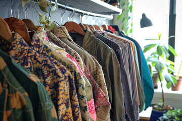 Obraz premium Clothes hanging on a thrift store rack, showcasing a variety of sustainable, recycled fabrics in a green retail environment